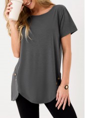 Asymmetric Hem Dark Grey Decorative Button T Shirt | thumb picture 