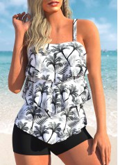 Coconut Print Layered Hem White Tankini Set
