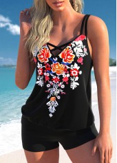 Black Floral Print Cross Strap Tankini Top-No Bottom | picture 3