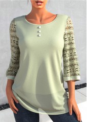 Lace Patchwork Sage Green Decorative Button T Shirt