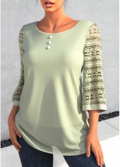 Lace Patchwork Sage Green Decorative Button T Shirt | thumb picture 
