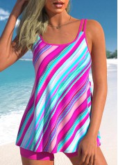 Stripe Print Hot Pink Double Straps Tankini Set