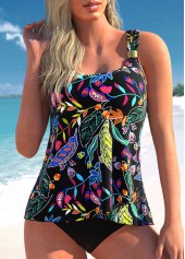 Wide Strap Black Floral Print Tankini Set