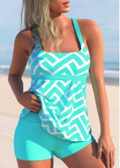 Geometric Print Cyan Wide Strap Tankini Set