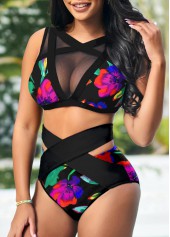 Mesh Stitching Floral Print High Waisted Bikini Set