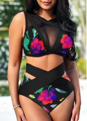 Mesh Stitching Floral Print High Waisted Bikini Set | thumb picture 