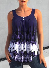 Floral Print Round Neck Deep Purple Tank Top