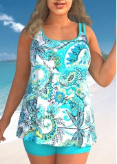 Plus Size Tribal Print Cyan Double Straps Tankini Set