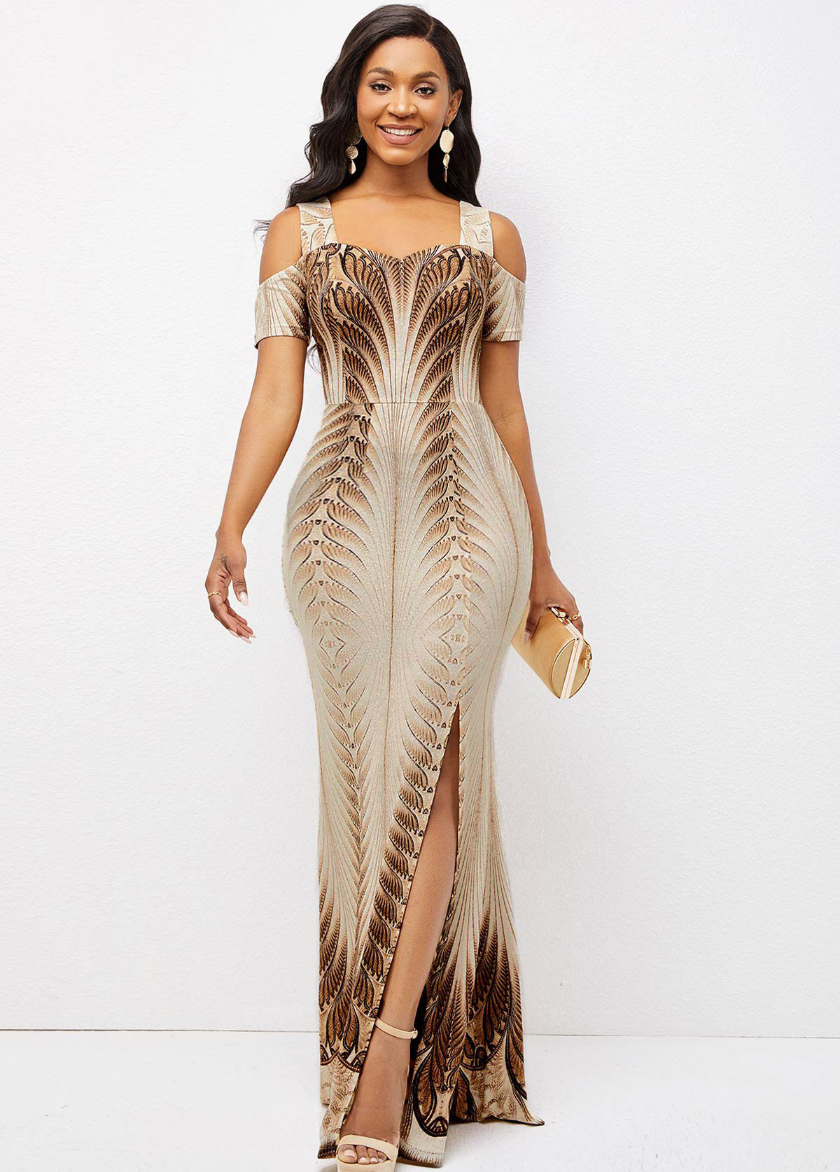Texture Knitted Foil Print Side Slit Dress