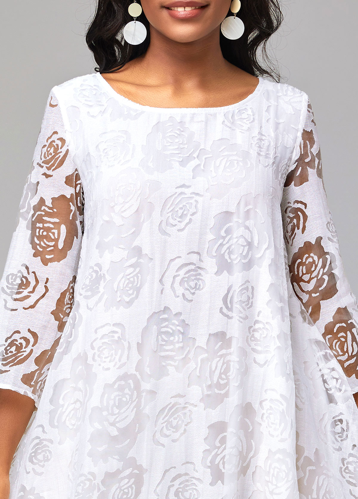 White Mesh Stitching Sheer Asymmetric Hem Floral Print Dress