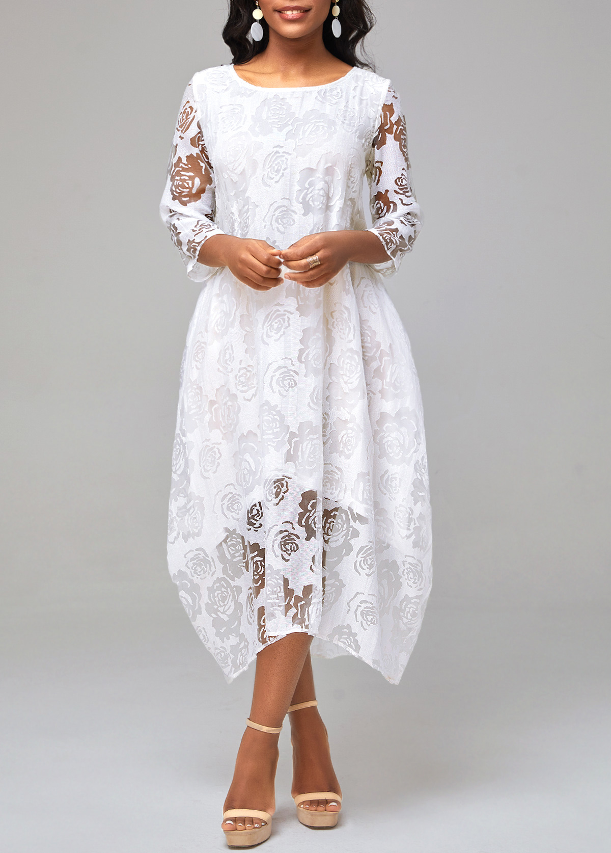 White Mesh Stitching Sheer Asymmetric Hem Floral Print Dress