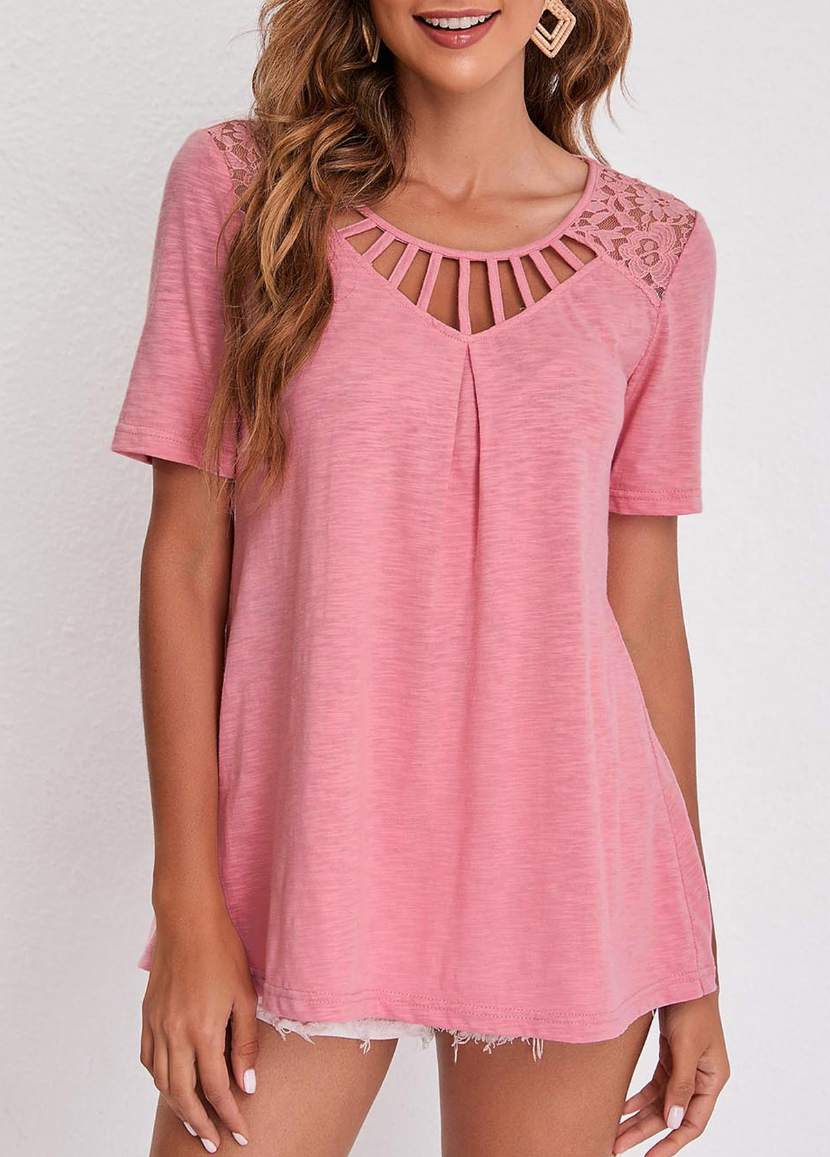 Lace Patchwork Pink Cage Neck T Shirt