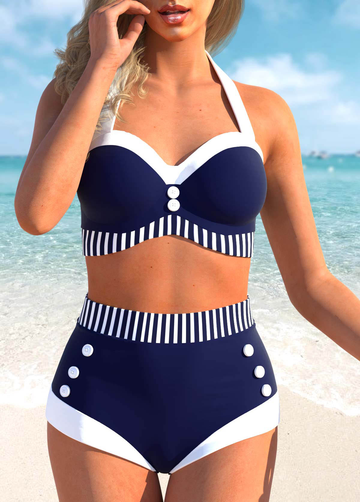 High Waisted Stripe Print Nautical Navy Blue Bikini Set