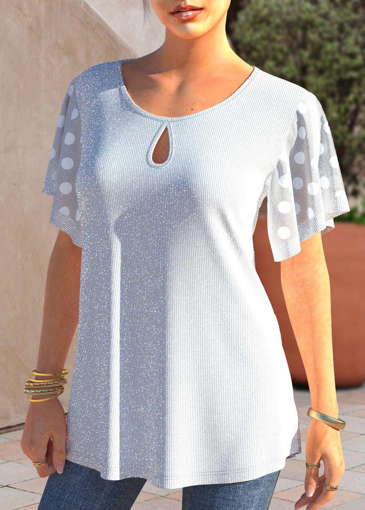 Glitter Fabric White Polka Dot T Shirt | picture 