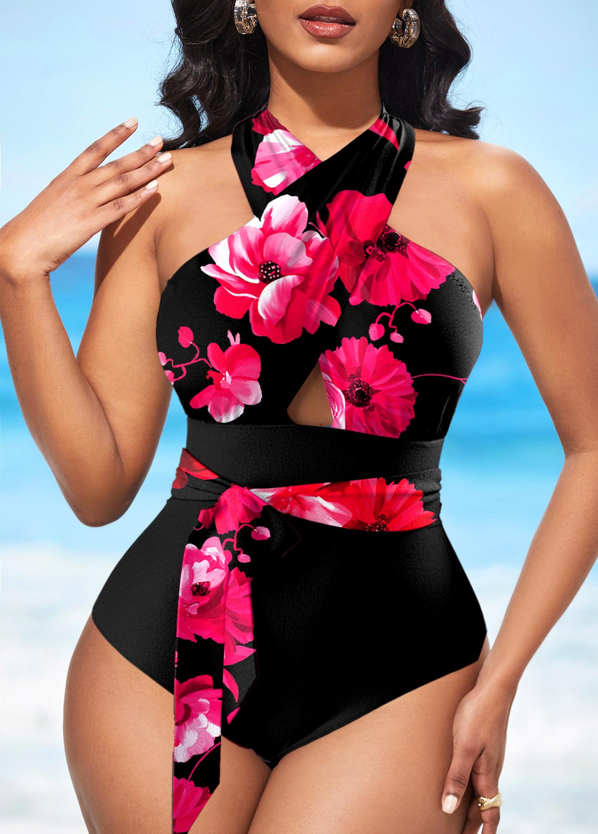 Floral Print Cross Halter Black One Piece Swimwear