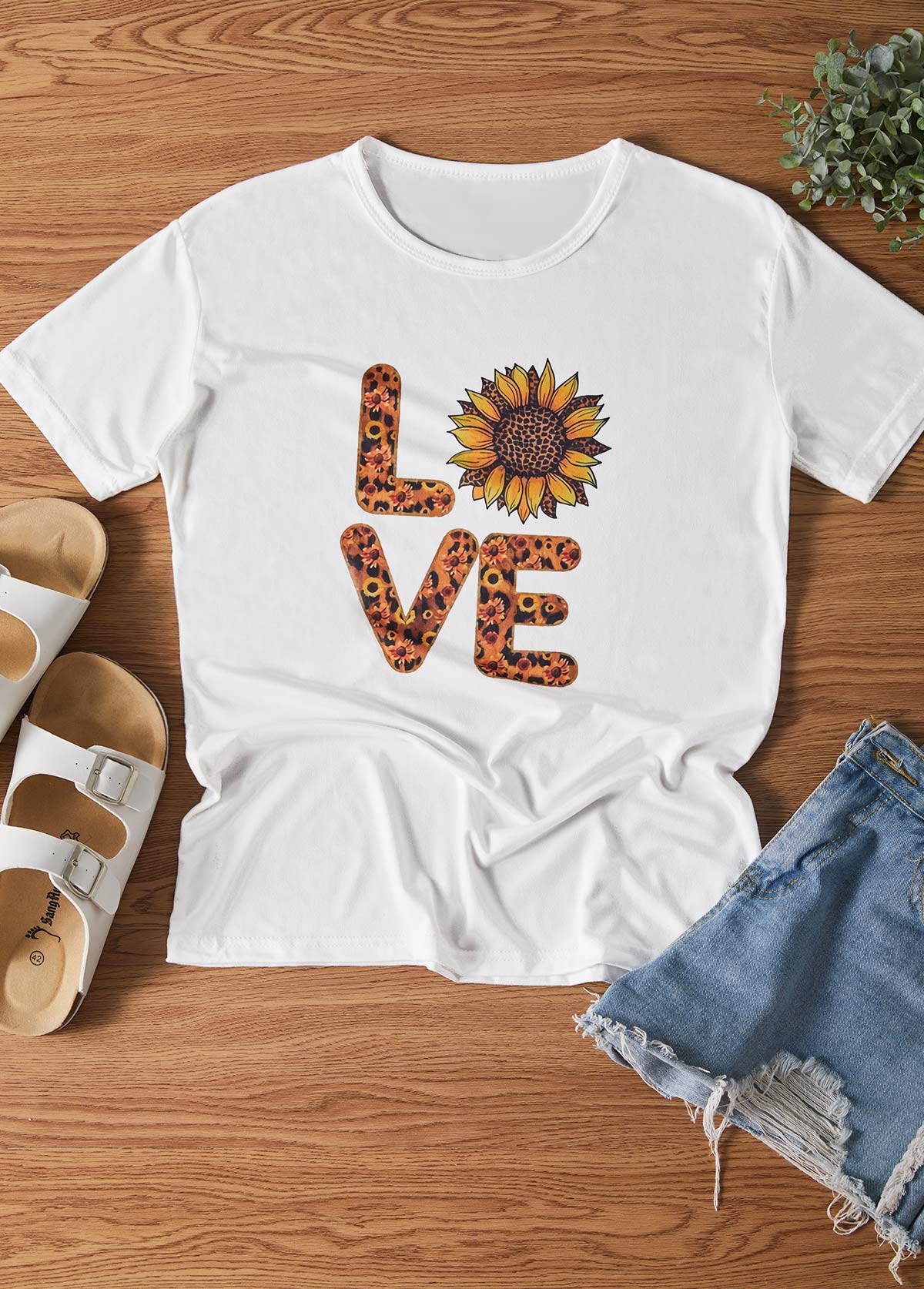White Letter and Sunflower Print T Shirt