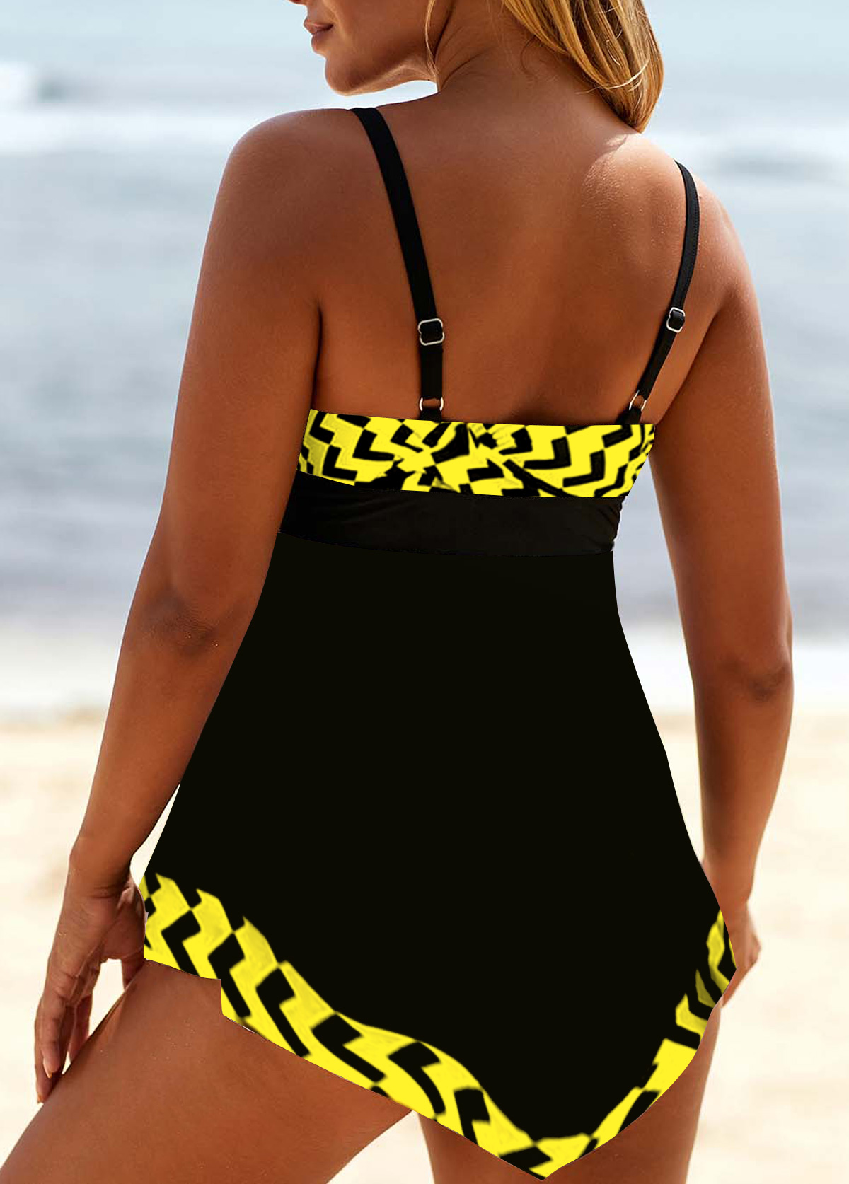 Geometric Print Yellow Lace Up Swimdress Set