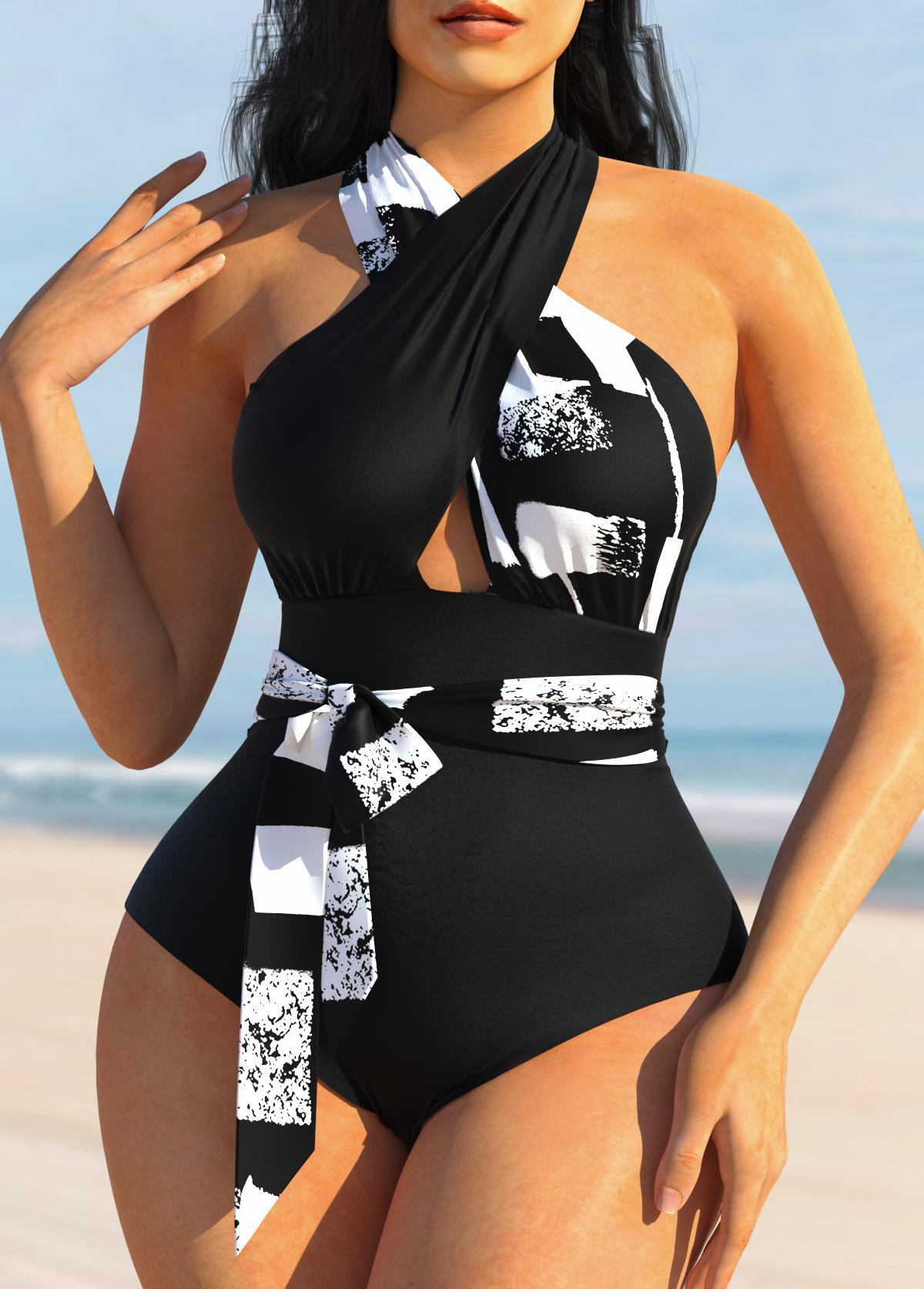 Geometric Print Black Cross Halter One Piece Swimwear