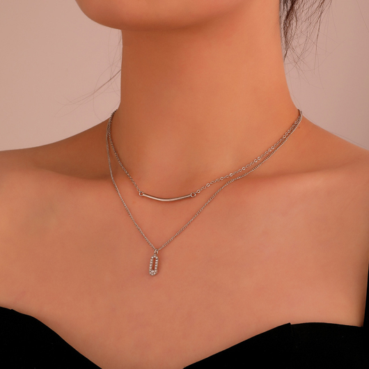Silver Layered Design Rhinestone Detail Necklace