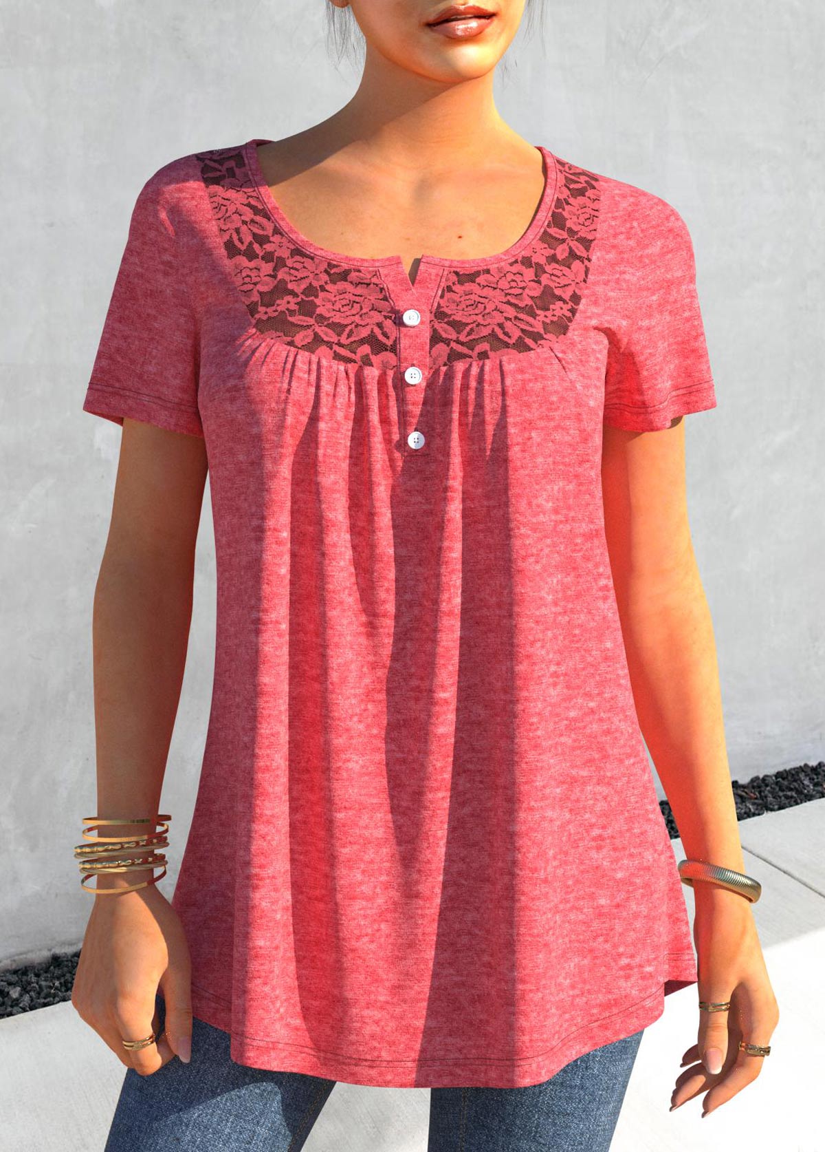 Pink Lace Stitching Short Sleeve T Shirt