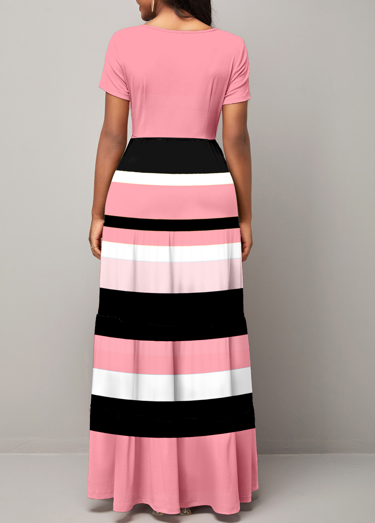 Striped Pink Short Sleeve Round Neck Maxi Dress