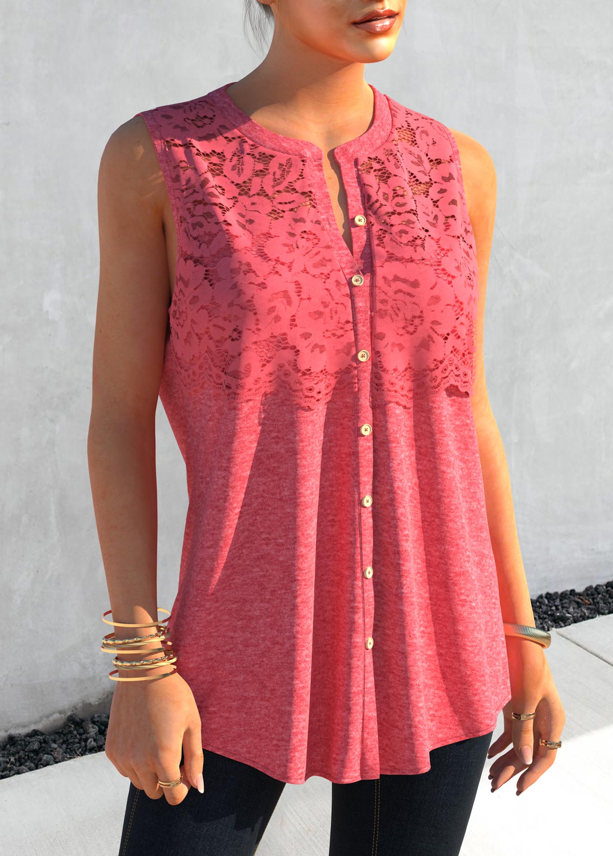 Lace Stitching Button Up Pink Tank Top