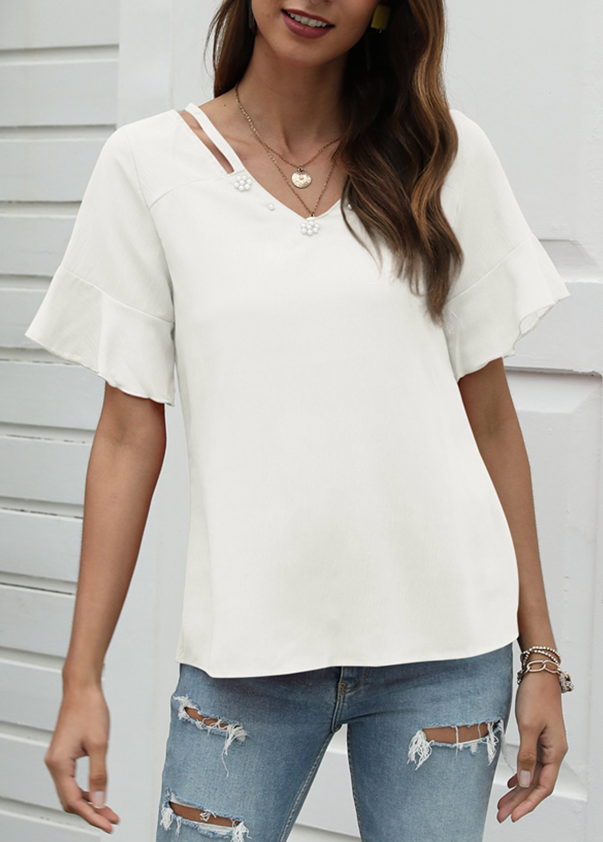 Cutout White Pearl Design T Shirt