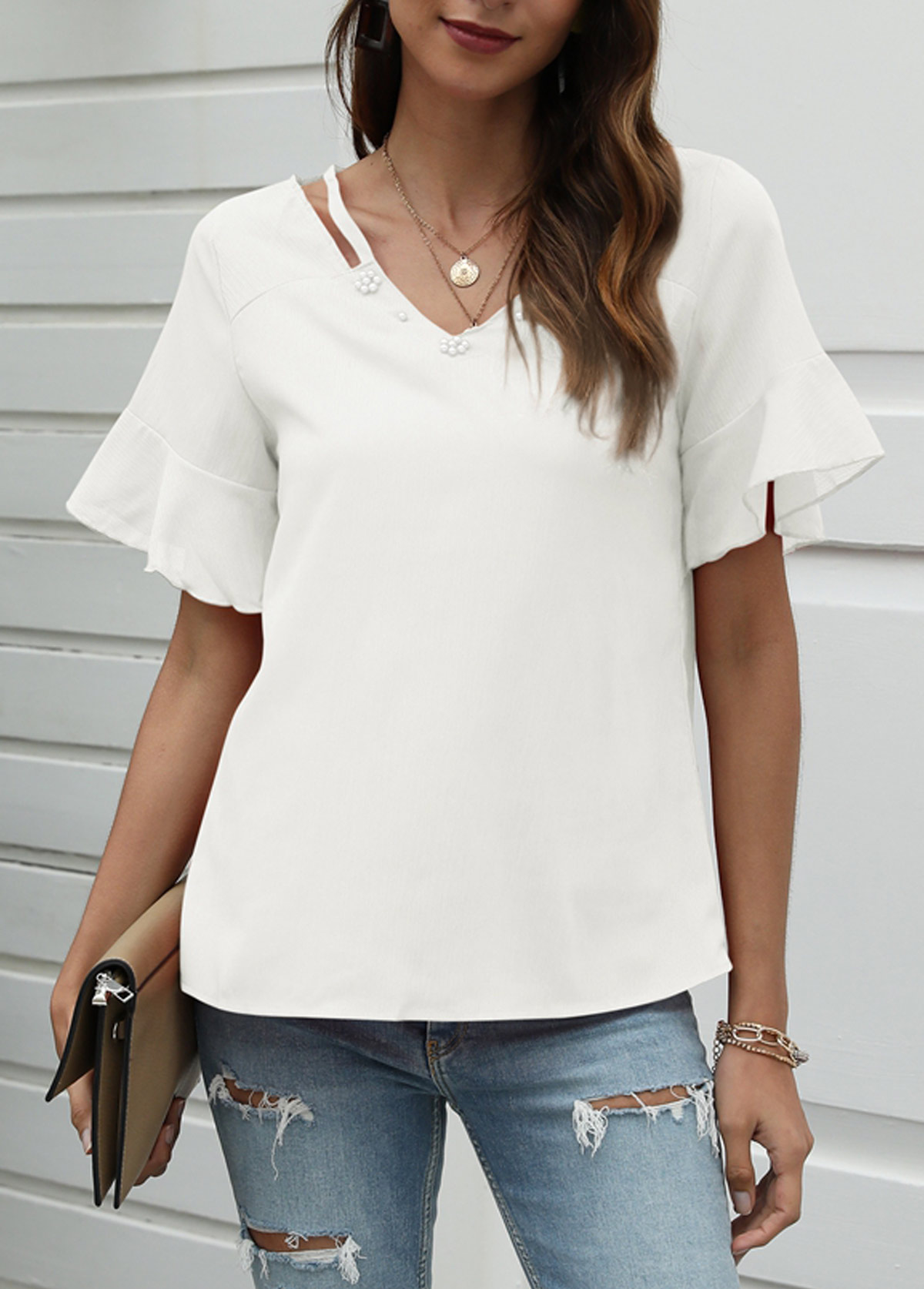Cutout White Pearl Design T Shirt