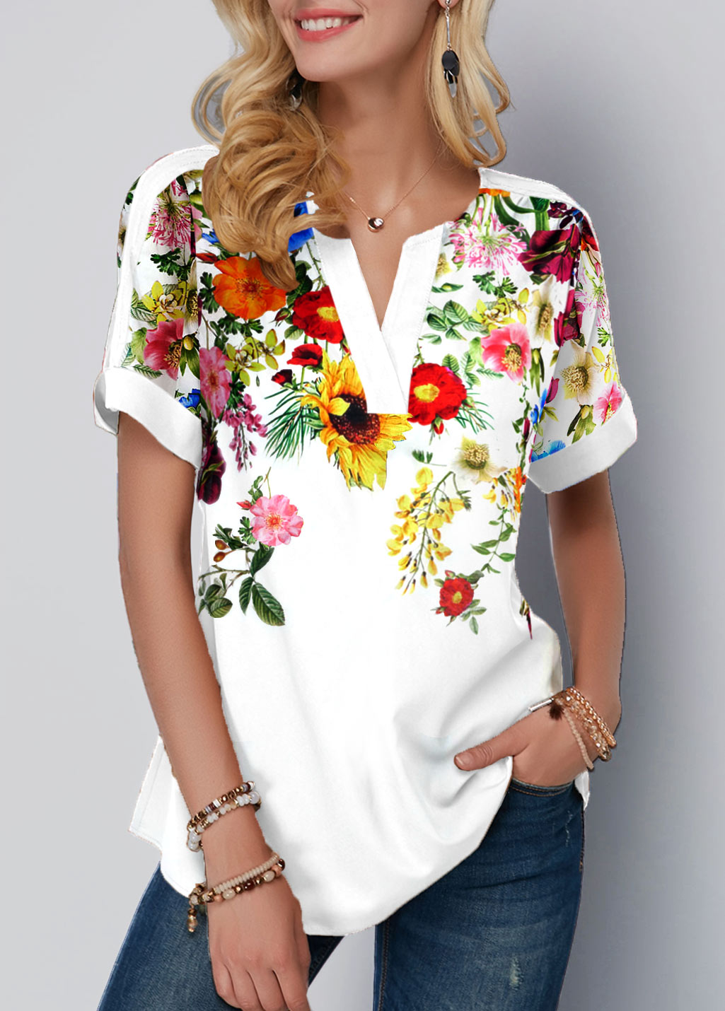 Floral Print White Split Neck T Shirt