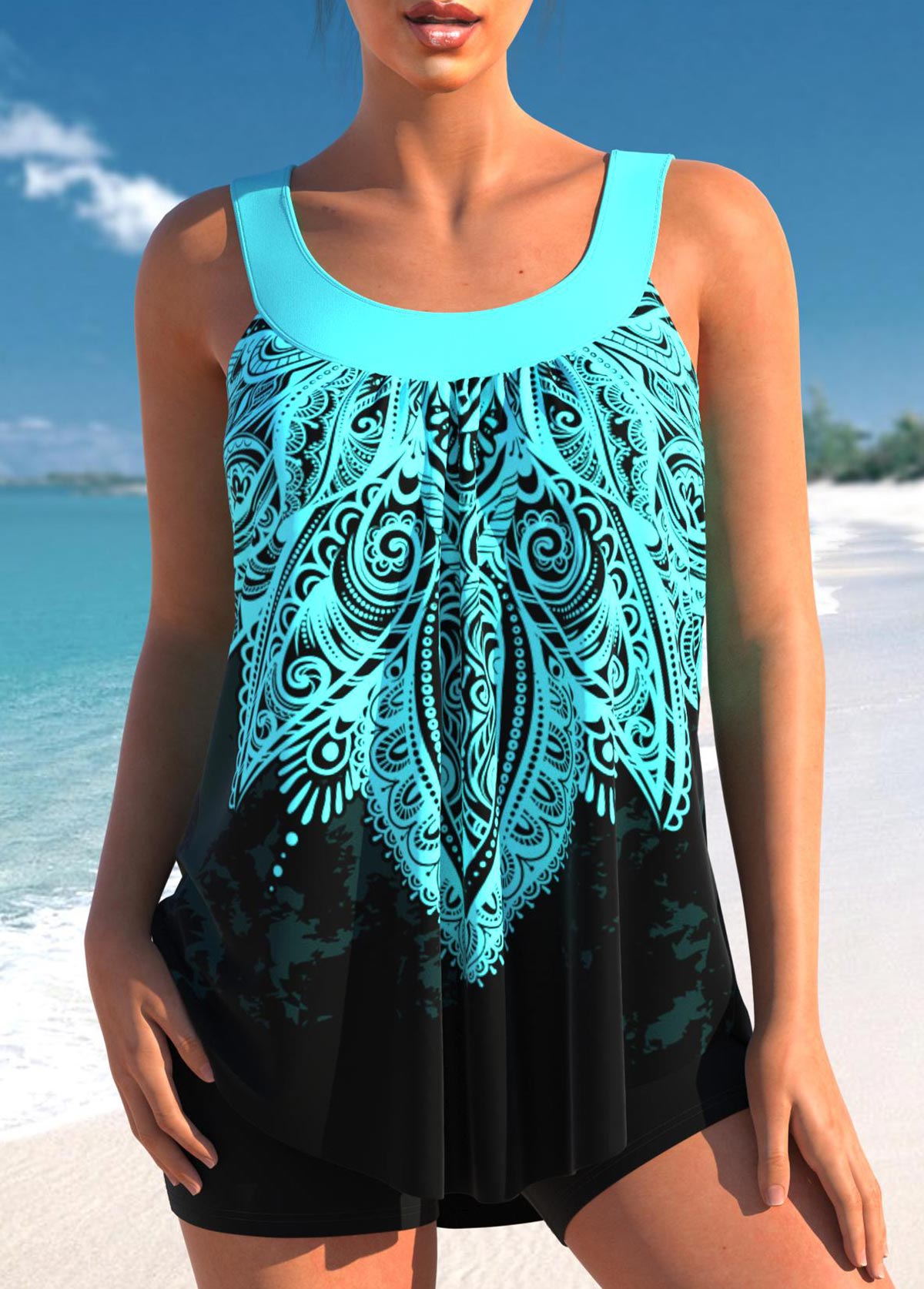 Cyan Tribal Print Wide Strap Tankini Top-No Bottom | linkimg