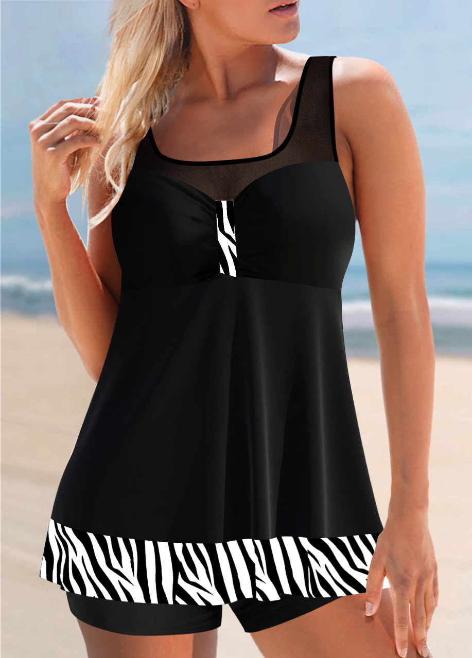 Black Zebra Print Mesh Stitching Tankini Top-No Bottom | picture 