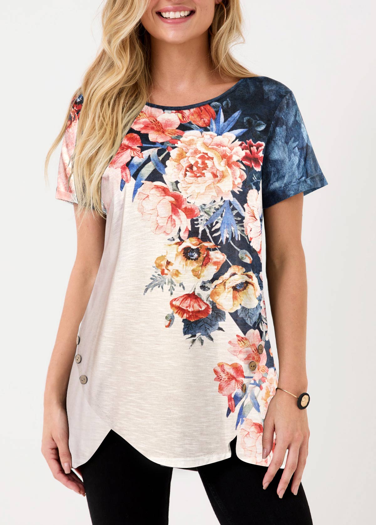 Asymmetric Hem Floral Print Multi Color T Shirt