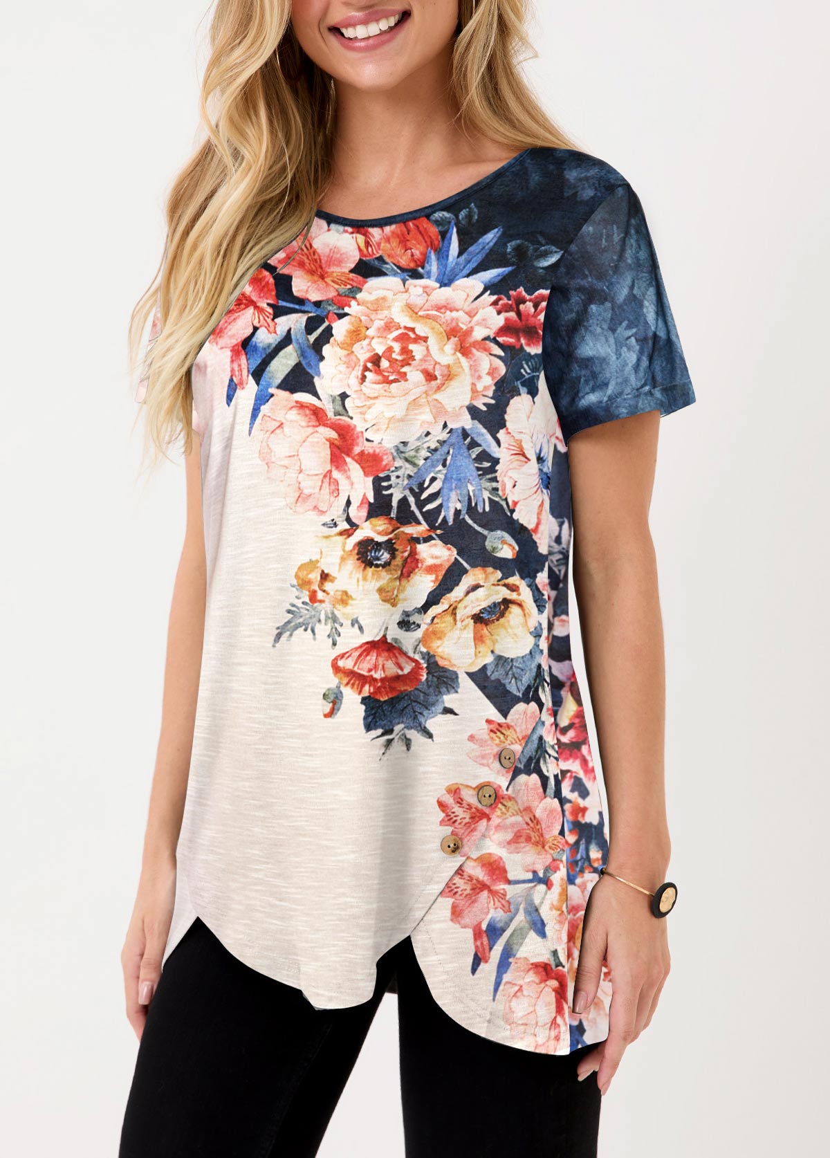 Asymmetric Hem Floral Print Multi Color T Shirt