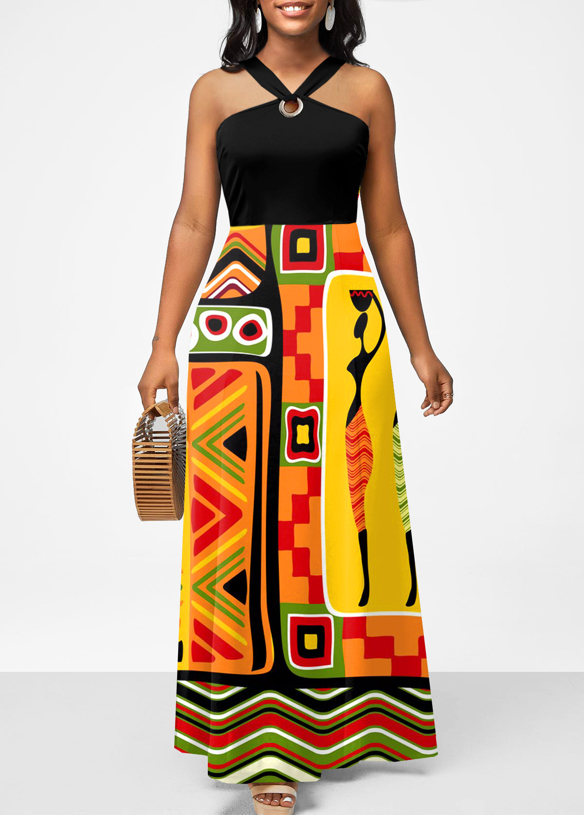 African Tribal Print Multi Color Maxi Dress