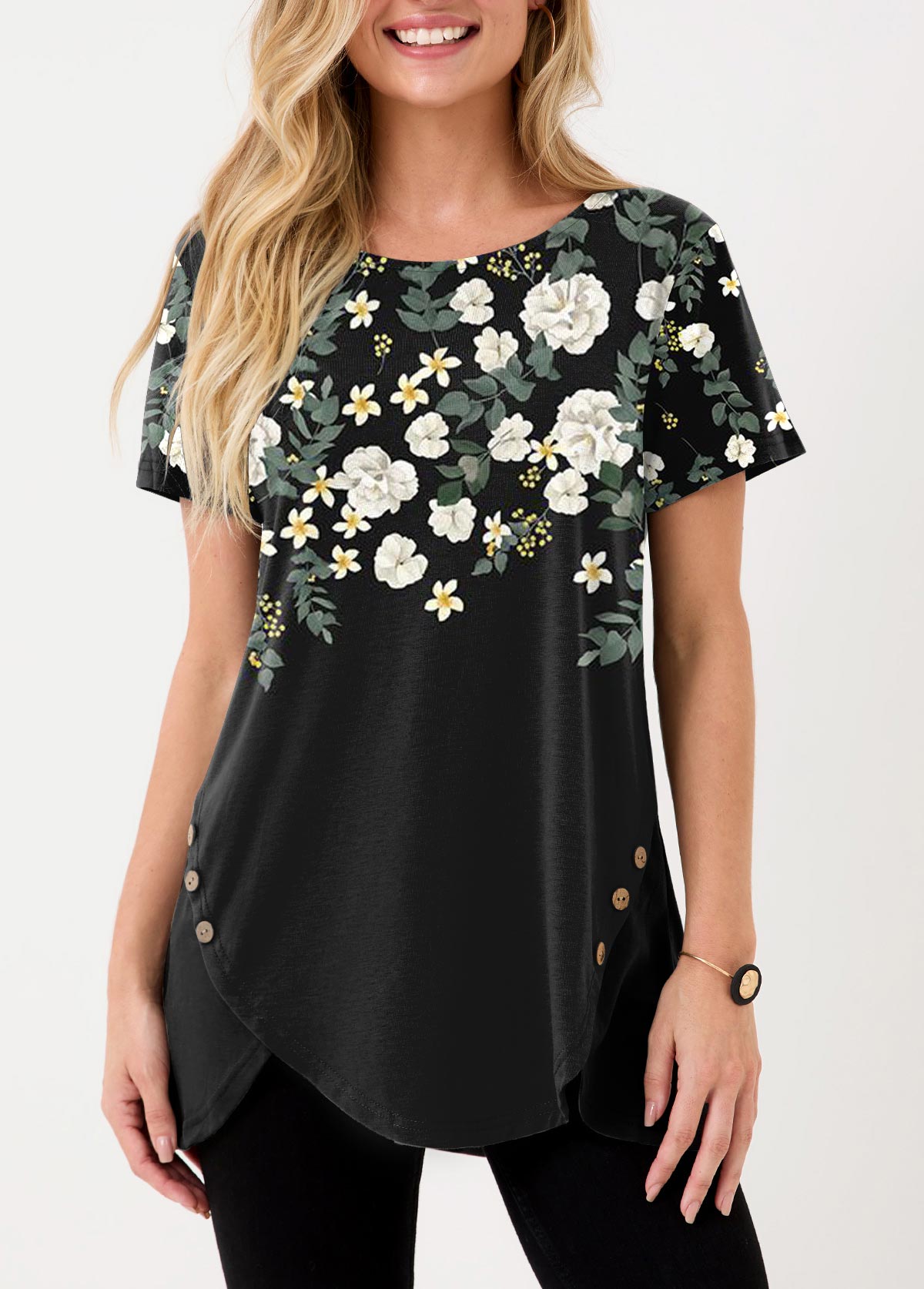 Black Floral Print Inclined Button T Shirt