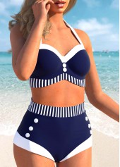 Button High Waisted Striped Navy Bikini Set | thumb picture 