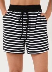Striped Double Side Pockets Black High Waisted Shorts