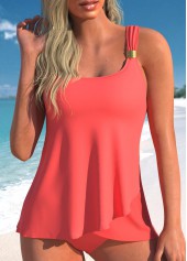 Coral Red Metal Detail Wide Strap Tankini Set