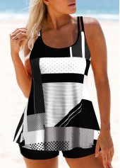 Black Geometric Print Double Straps Tankini Set