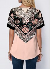 Floral Print Split Neck Light Pink T Shirt | thumb picture 