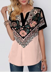 Floral Print Split Neck Light Pink T Shirt | thumb picture 