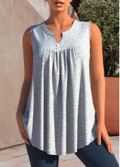 Split Neck Grey Marl Decorative Button Tank Top