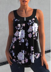 Floral Print Black Decorative Button Tank Top