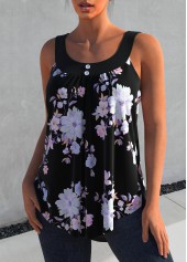 Floral Print Black Decorative Button Tank Top | thumb picture 