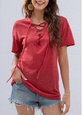 Lace Up Long Sleeve Peach Red T Shirt