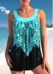 Cyan Tribal Print Wide Strap Tankini Set