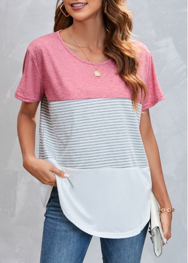 Modlily Round Neck Striped Pink T Shirt - XL