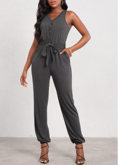 Dark Grey Double Side Pockets Belted Jumpsuit     2nd 10%, 3rd 20%, 4th 40%