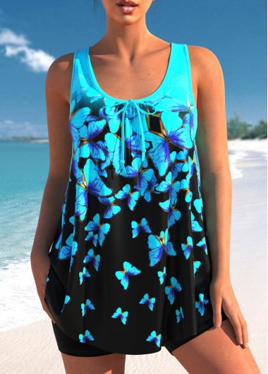 Modlily Cyan Butterfly Print Ombre Tankini Top - M