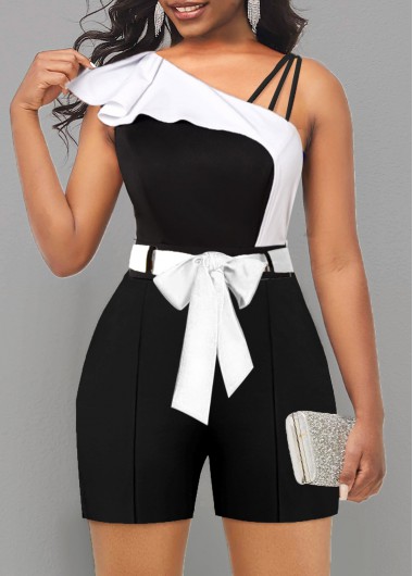 Black Asymmetric Neck Belted Contrast Romper     2nd 10%, 3rd 20%, 4th 40%